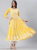Yellow georgette anarkali kurta, embellished with chikankari embroidery