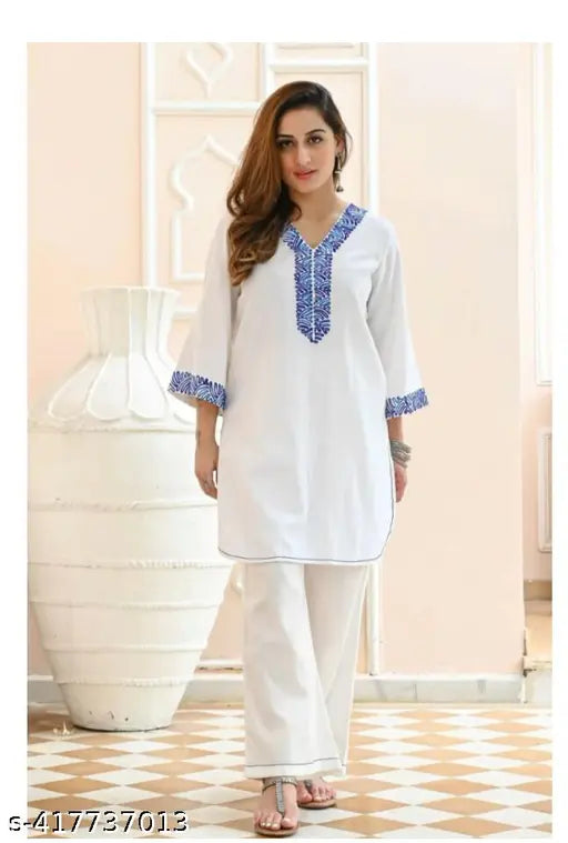 Embroidered cotton kurta set with palazzos for fabulous women, India-made three-quarter sleeve top and matching bottomwear