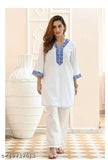Embroidered cotton kurta set with palazzos for fabulous women, India-made three-quarter sleeve top and matching bottomwear