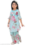 Girls' festive A-Line satin Kurta with palazzo pants, printed and three-quarter sleeves. Elegant Indian ensemble for celebrations without dupatta for ages 2-12
