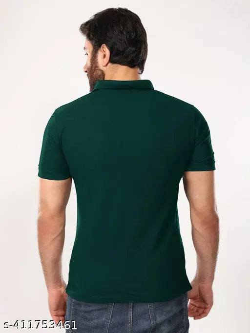 Green polycotton men's polo t-shirt with collar, solid design, short sleeves - S (36in/25in), M (38in/26in), L (40in/27in), XL (42in/28in), XXL (44in/29in)