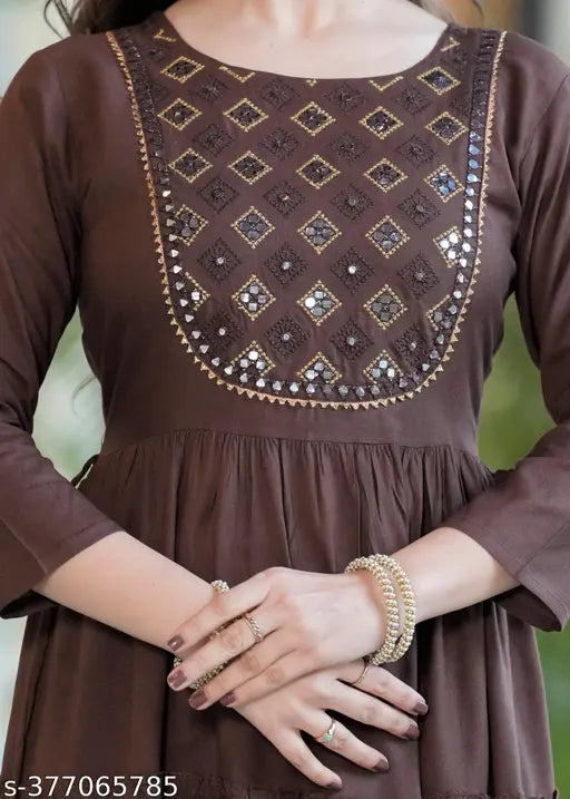 Long, brown rayon embroidered anarkali dress with intricate detailing and 3/4 sleeves