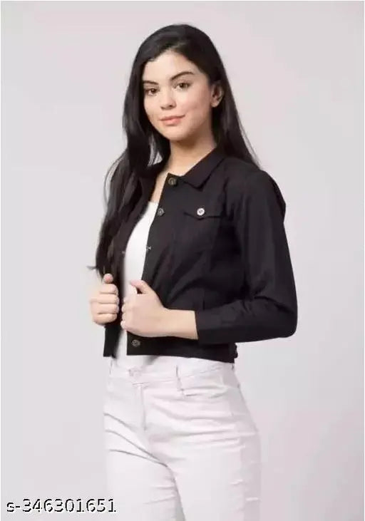 The image shows a woman in a stylish denim jacket