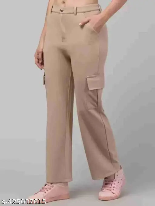 Tan khaki cargo pants for women with pockets and side straps