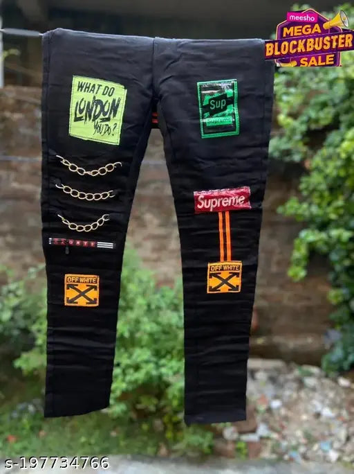 Stylish cotton men's jeans, premium fit with placement print. Size 26 (waist 26in, length 38in), made in India