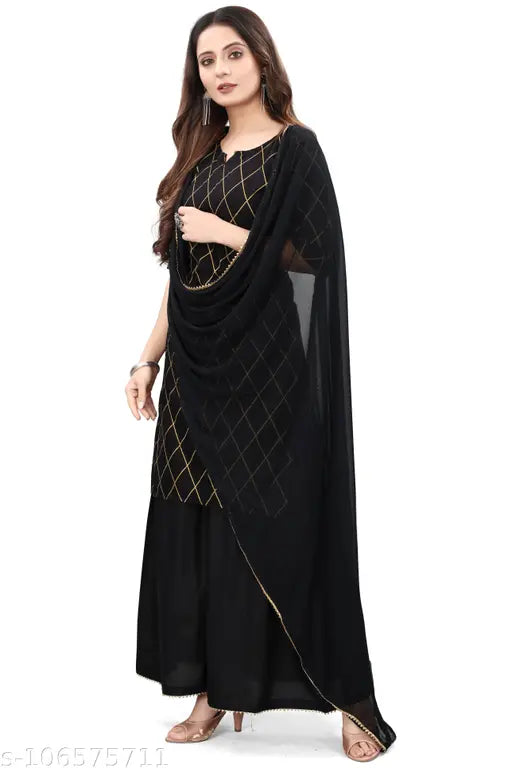 A gold printed kurta and dupatta set, perfect for festivals, on a mannequin