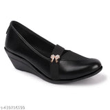 Black synthetic leather comfortable stylish solid wedge block heel slip-on shoes for women and girls