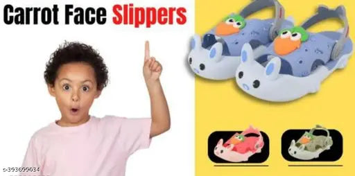Blue PVC and rubber slippers with a Hello Kitty carrot face design for kids aged 3 months to 5 years. Lightweight, breathable, and easy to wear with adjustable back strap