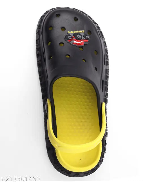 Boys & Girls black and yellow EVA slipper flip flops for kids, solid net pattern on display