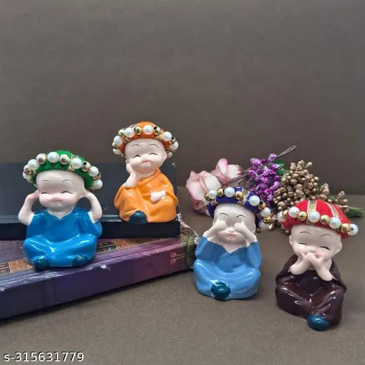 Monk Blue, Brown, Orange, Sky Blue poly resin Buddha statues (4pcs), decor for home office or car