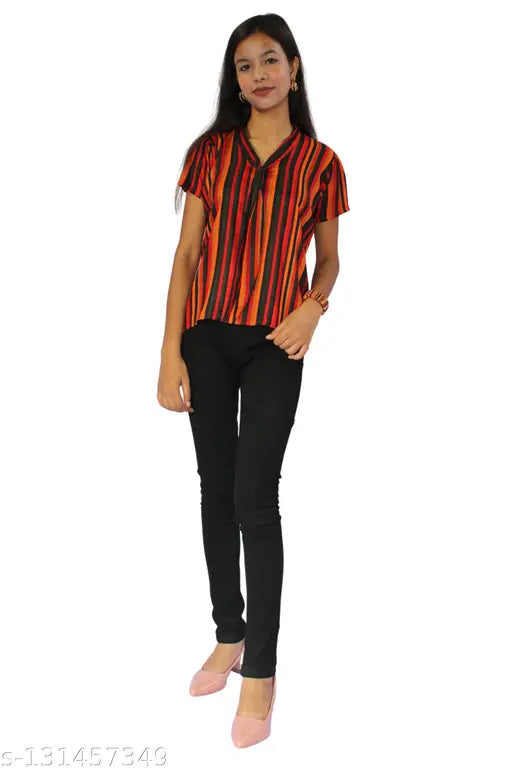 Multicolor rayon striped short sleeve t-shirt for women, trendy and comfortable