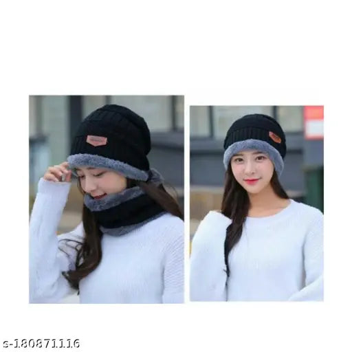 Black wool beanie cap & neck warmer scarf set with matching design, suitable for both men and women in cold winter months