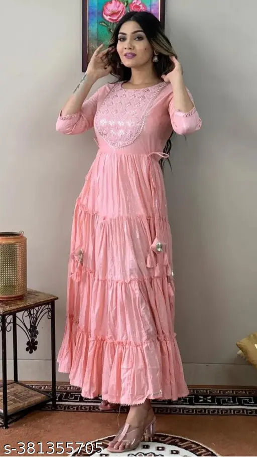 Long, embroidered cotton dress in Gotta Lace work design with tassels for women
