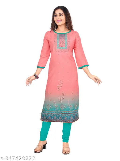 Rayon slub straight-kurti, digital printed, 3/4 sleeve, casual to formal wear, women's summer & winter style, India origin