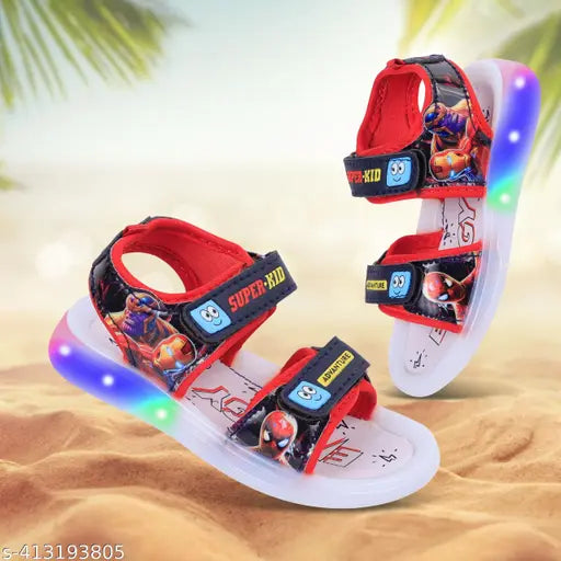 Sandals with LED lights, designed as flip flops, featuring a colorful superhero theme