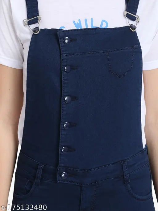 Sleeveless denim dungaree for women, solid color in high-waist style with adjustable shoulder straps and four pockets - Made in India