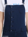 Sleeveless denim dungaree for women, solid color in high-waist style with adjustable shoulder straps and four pockets - Made in India