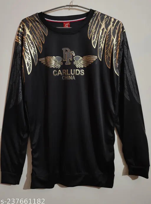 Stylish men's black Lycra long sleeve T-shirt with printed net design, size N. (India)