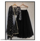 Black A-line silk lehenga set, embellished with floral embroidery. Traditional Indian bridal lehenga with net dupatta for parties and functions. Ethnic wear for weddings, Sangeet, Mehendi, or Reception. Made in India