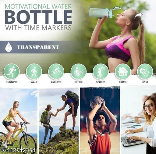 2 L Capacity Water Bottle Belt Straw Transparent bottle 2000 ml Bottle 3D Stickers for GYM, Yoga, Office, Sports (Multicolor Pack of 1) (Transparent bottle)