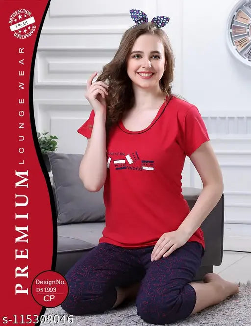Red striped hosiery T-shirt & capri set sleepwear for women, soft and comfortable nightdress on bed