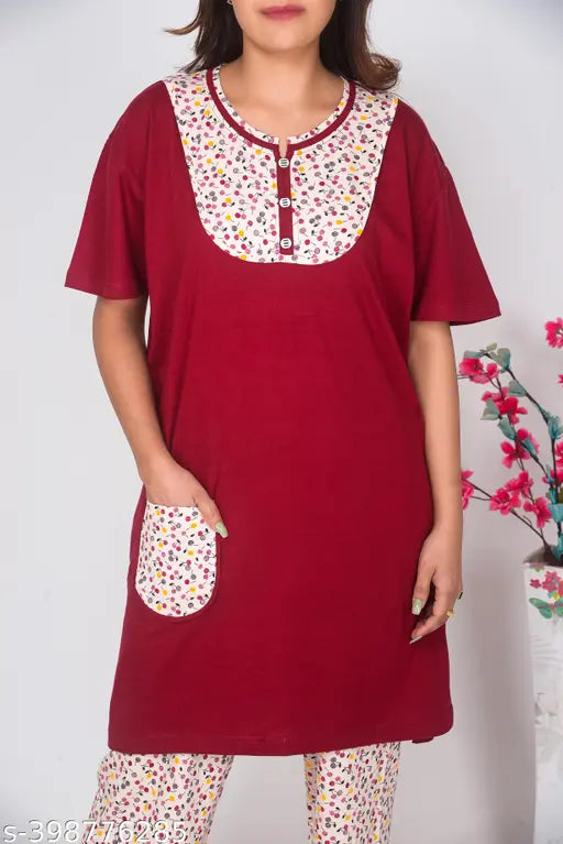 Hosiery long night suit, printed net hosiery pajamas set, size XXXL