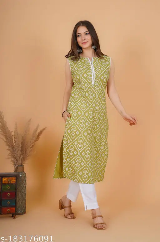 Green Meadow Floral Cotton Sleeveless Kurti, vibrant floral print