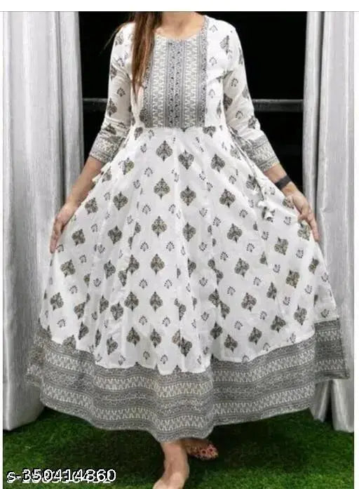 White gold print rayon Anarkali kurti, three-quarter sleeve, Indian traditional women's fashion with gold accents