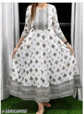 White gold print rayon Anarkali kurti, three-quarter sleeve, Indian traditional women's fashion with gold accents