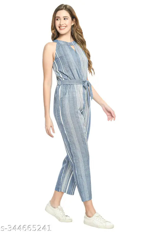 Sky blue & white striped women's crepe jumpsuit with multicolor print, sleeveless, keyhole neck, India-origin