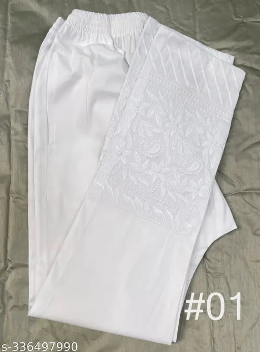 White Lycra Cotton Lucknowi Embroidered Pant for Women with Side Pockets (M: 34waist/37len; L: 38waist/37len; XL: 36waist/37len; XXL: 40waist/37len, India)