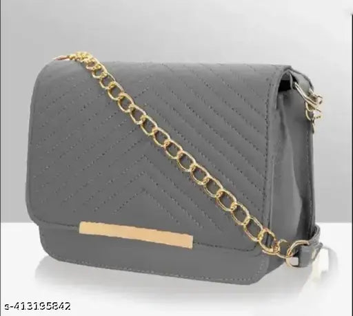 Gray leather sling purse, chain strap closure