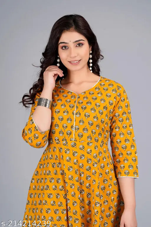 Printed cotton Anarkali kurti set with palazzos, three-quarter sleeves, Pack of 2 (M & L sizes available)