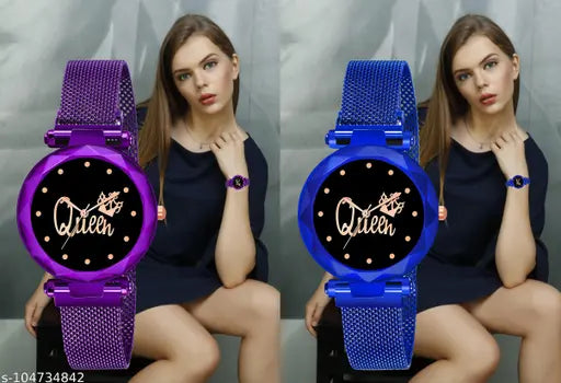 Two-piece magnetic belt combo, women's and girls' watches, black and blue straps, round face, silver hands, date window, water resistance
