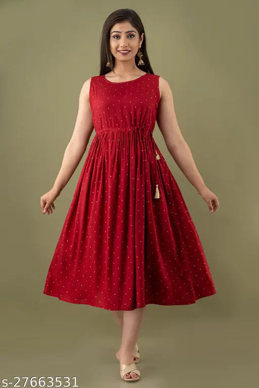 Rayon sleeveless round neck flared kurti, printed combo, single size options available with drawstring, length 48 inch