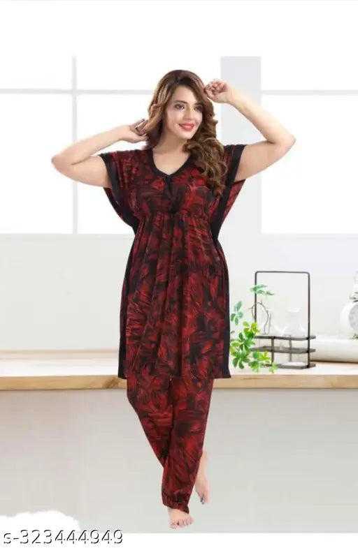Satin night suite kaftan top & pyjama set, printed pattern for women & girls, India-made knee length satin nightdree
