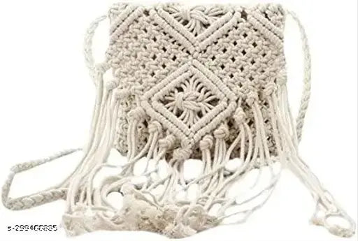 Macrame handwoven cotton straw shoulder bag with tassels, bohemian purse for women