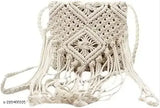 Macrame handwoven cotton straw shoulder bag with tassels, bohemian purse for women