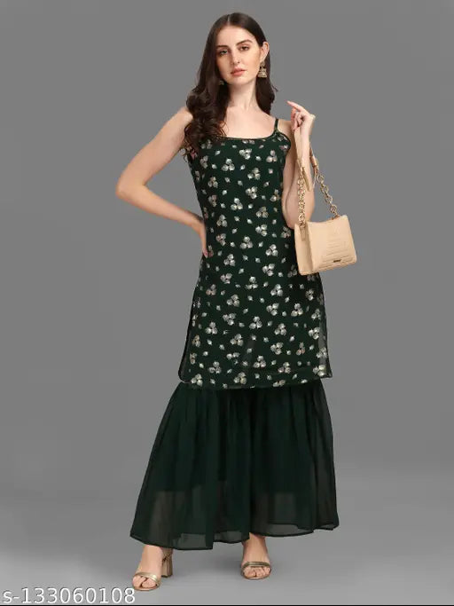 Georgette print net Kurta set for women, sleeveless with Gharara bottom, XL size, Indian origin