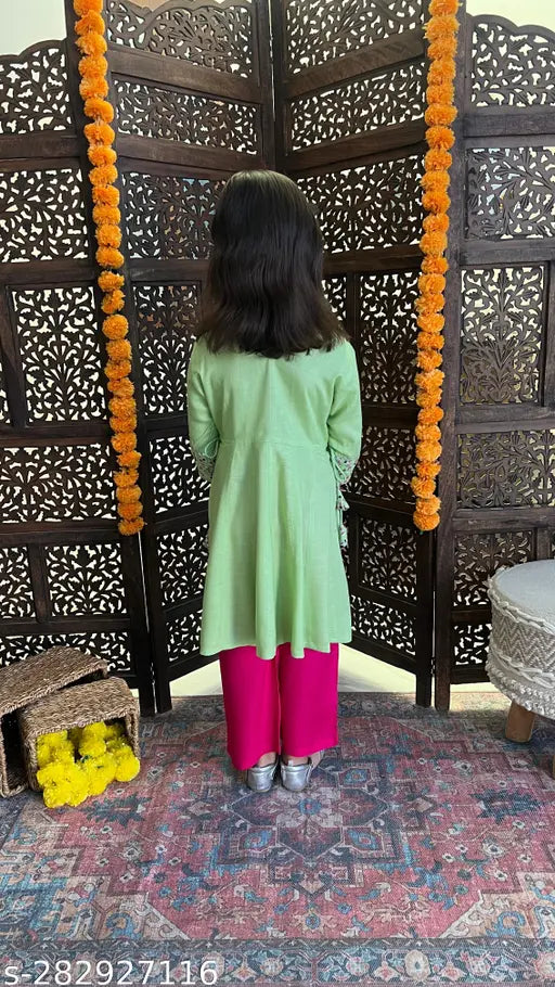 Green Rayon Plazzo with Embroidered Kurti Set for Kids - Comfortable Indian clothing