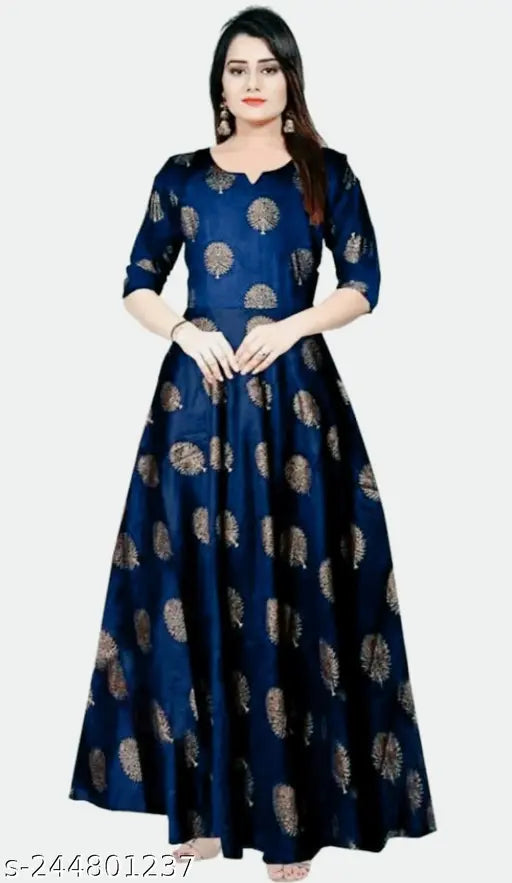 Blue Rayon Anarkali Printed kurti for women and girls, stylish party wear. Three-quarter sleeve length, Anarkali long kurti