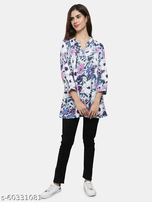 Multicolor floral print rayon above-knee lycra dress with mandarin collar and three-quarter sleeves, origin India