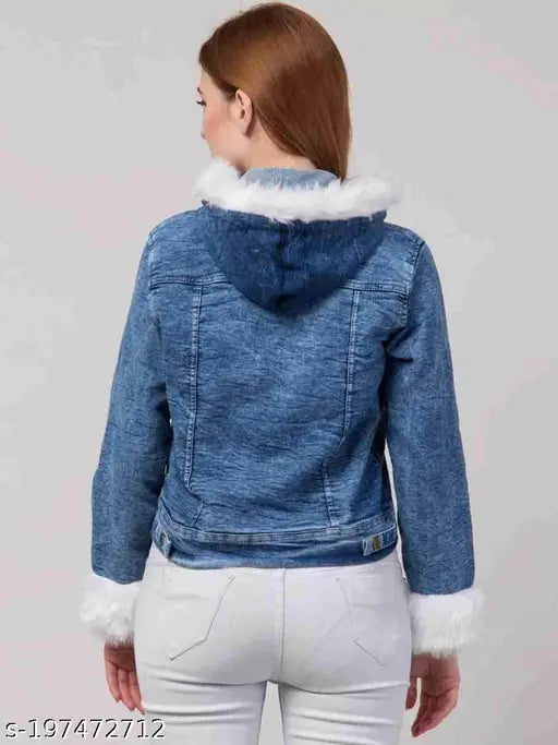 Denim waistcoat for women, stylish modern long-sleeve jacket with solid pattern, size S (Bust 34in, Length 19in, Waist 28in, Shoulder 13in), made in India