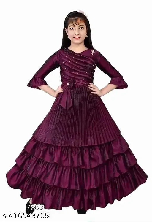 Burgundy, satin, floor-length dress with ruffles