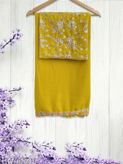 Georgette yellow saree with floral embroidery, 60gm
