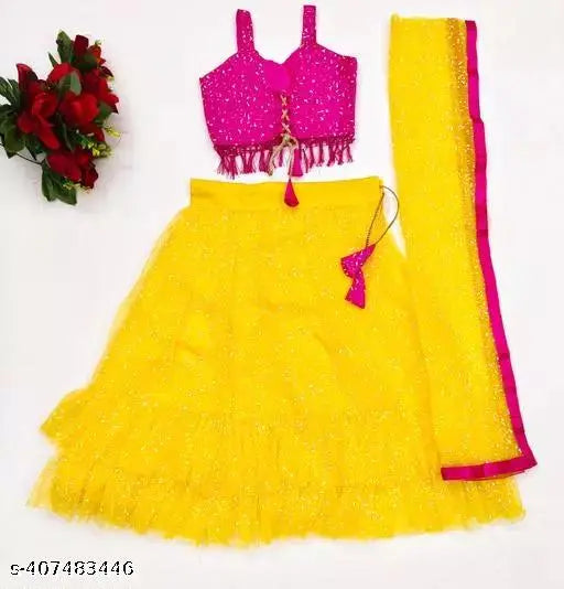 Stitched net semistich kids designer lehenga, embellished blouse, and dupatta set - Indian handcrafted traditional attire for ages 6 months to 14 years