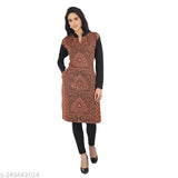 Brown and black paisley patterned women's woolen kurta and cardigan set