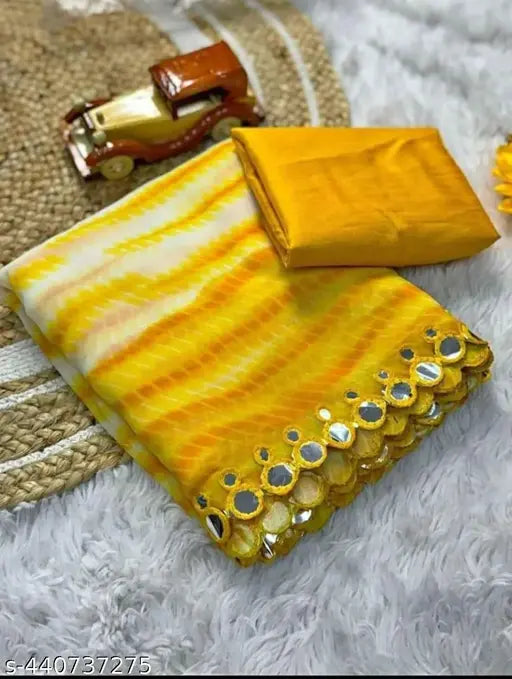 Georgette print saree with a border of decorative elements, 1.5 meters in length, yellow and cream colorway