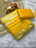 Georgette print saree with a border of decorative elements, 1.5 meters in length, yellow and cream colorway