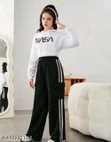 White patti pocket cargo trousers for women, black stripes, relaxed fit.